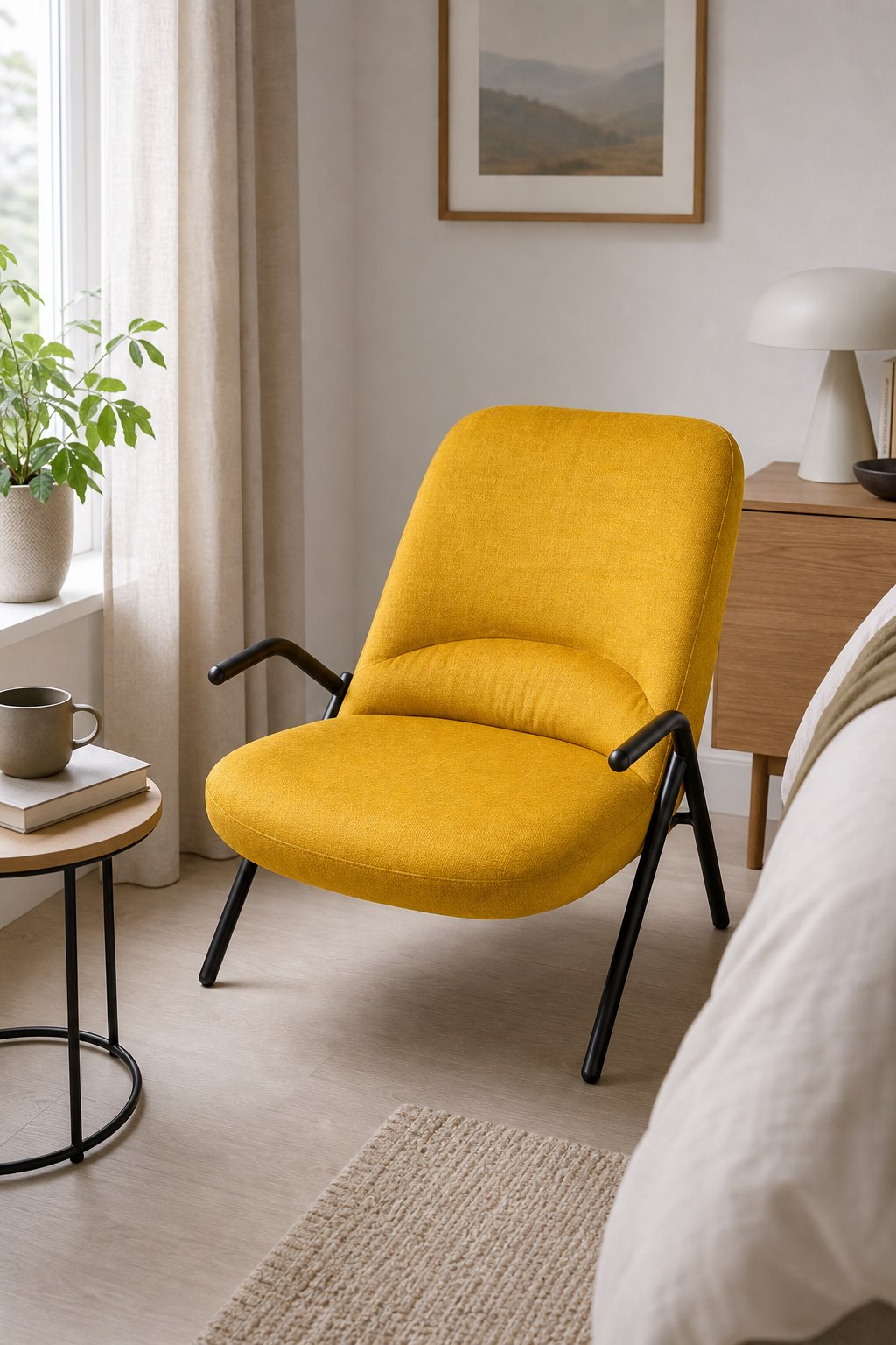 Sillón amarillo tapizado en dormitorio