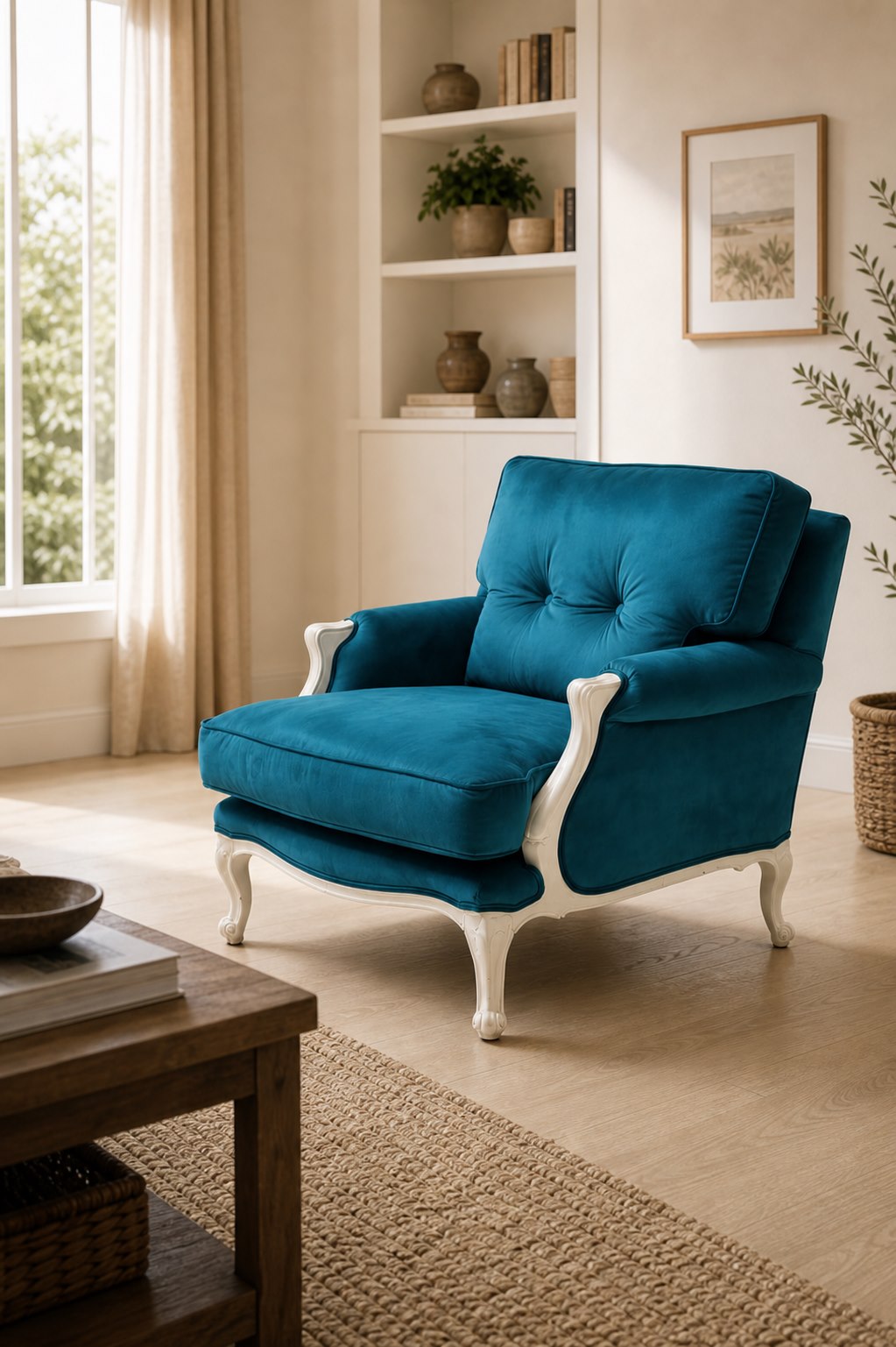 Sillón turquesa tapizado en salón