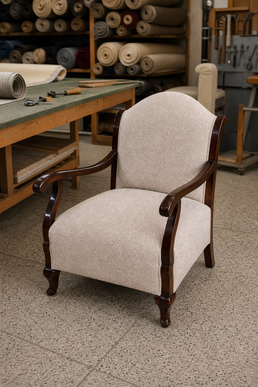 Butaca beige tapizada en taller