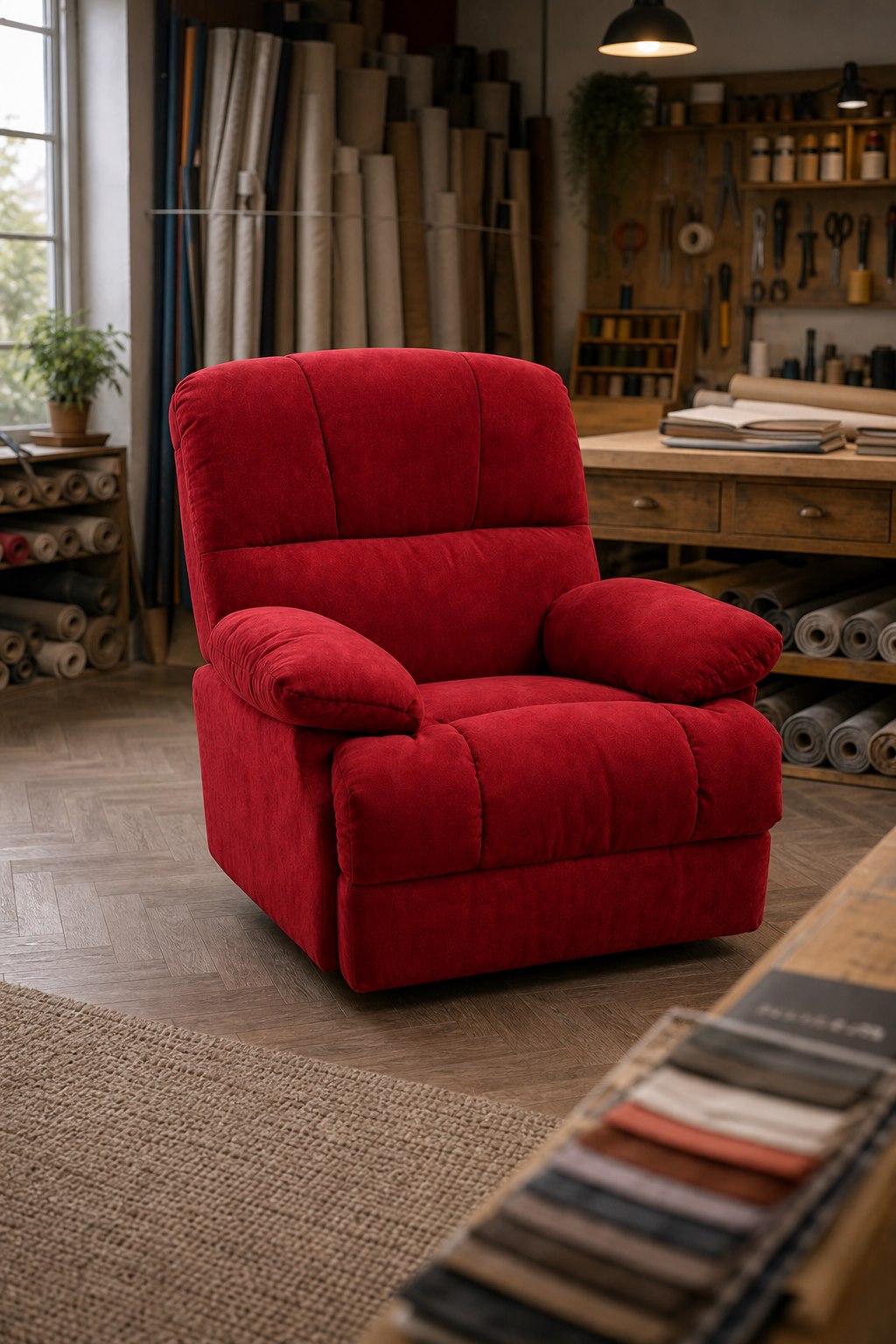 Sillón rojo tapizado en taller