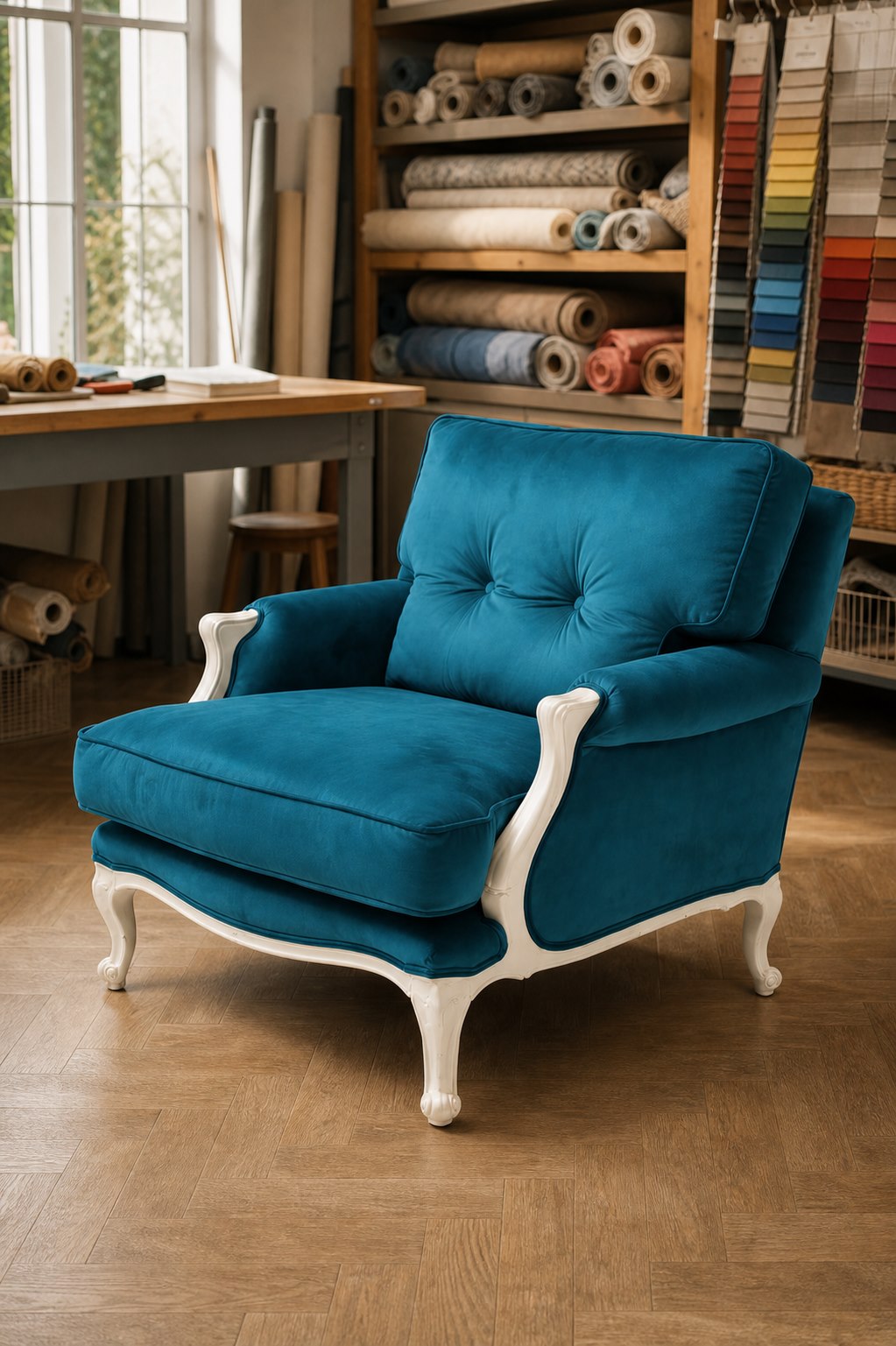 Sillón turquesa tapizado en taller